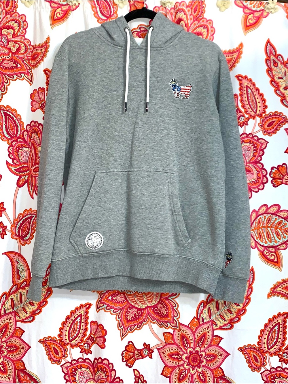 Men's Gray GOAT Freedom Hoodie with Patriotic Patches•Medium